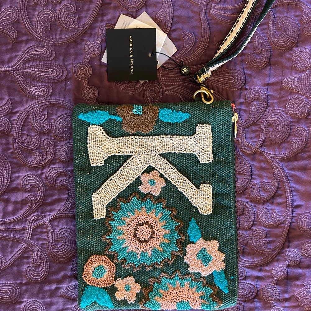 Embroidered Green and Tan Clutch